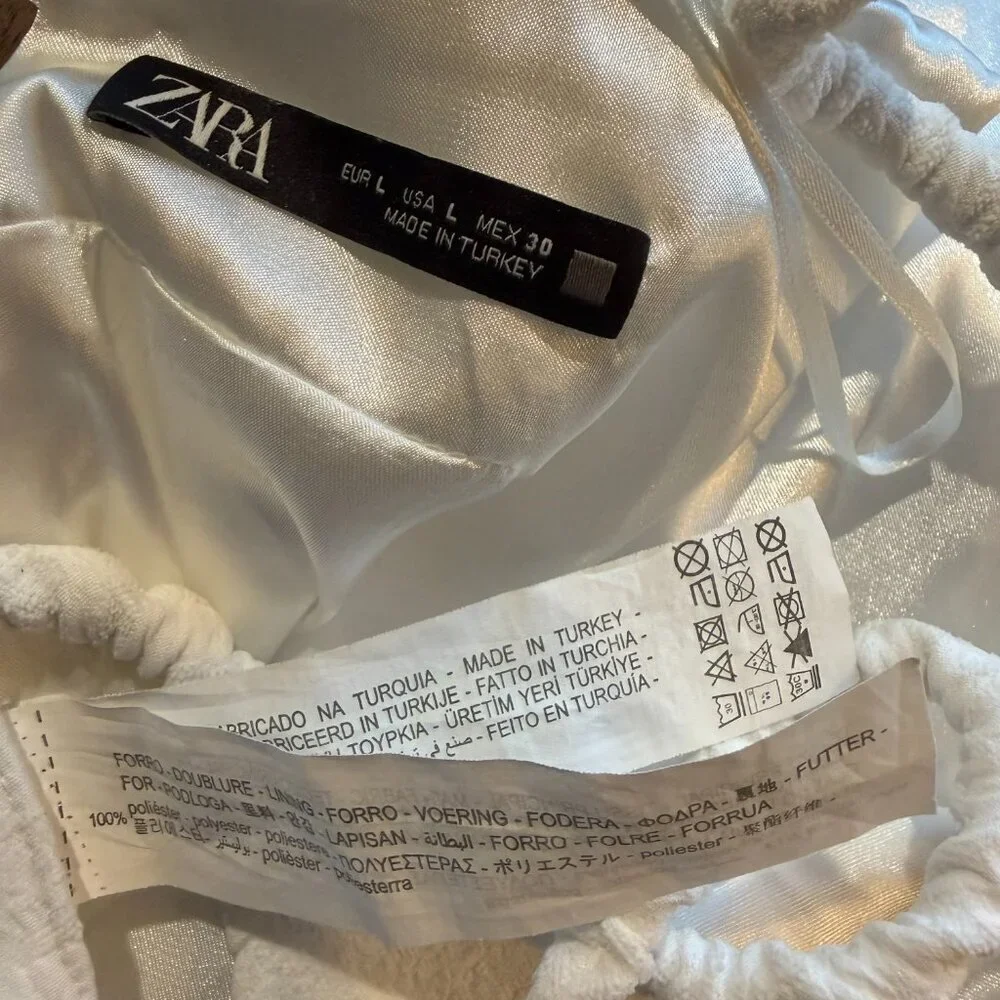 Zara White Textured Drawstring Top Satin Lining Size L EU 40 - Picture 5 of 5